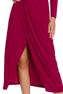 Sukienka maxi z rozcięciem w dekolcie długim i rękawem rubin K139