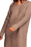 Sukienka swetrowa midi z kapturem i długim rękawem jasny brąz BK089