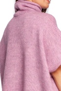 Sweter damski ponczo oversize z golfem krótki rękaw pudrowy BK084