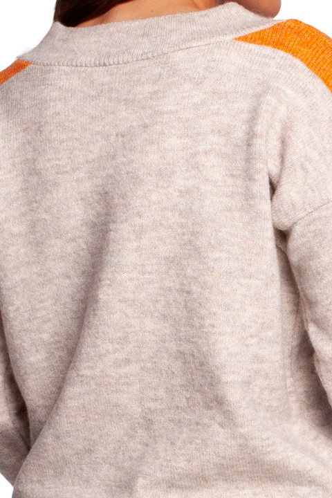 Sweter damski z dekoltem w serek i lampasami kość słoniowa BK093 Sweter damski z dekoltem w serek i lampasami kość słoniowa BK093