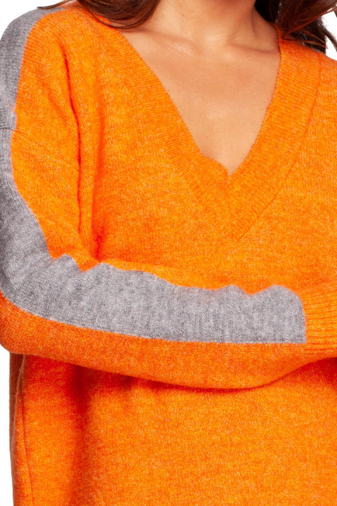 Sweter damski z dekoltem w serek i lampasami pomarańczowy BK093 Sweter damski z dekoltem w serek i lampasami pomarańczowy BK093