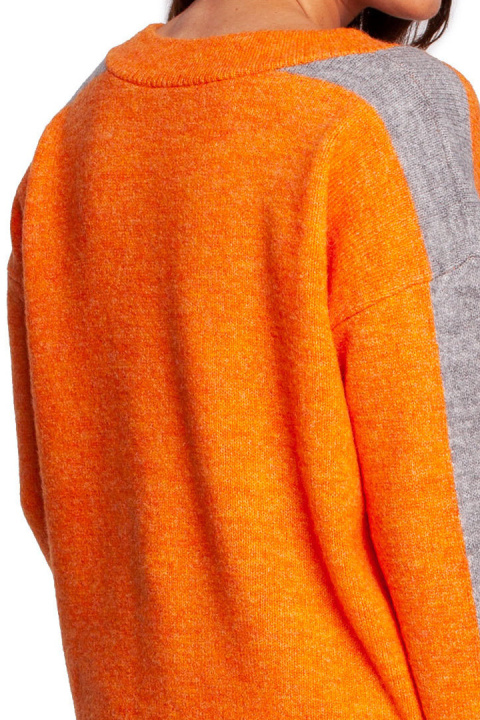 Sweter damski z dekoltem w serek i lampasami pomarańczowy BK093 Sweter damski z dekoltem w serek i lampasami pomarańczowy BK093