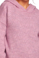 Sweter damski z kapturem długość do bioder pudrowy BK085