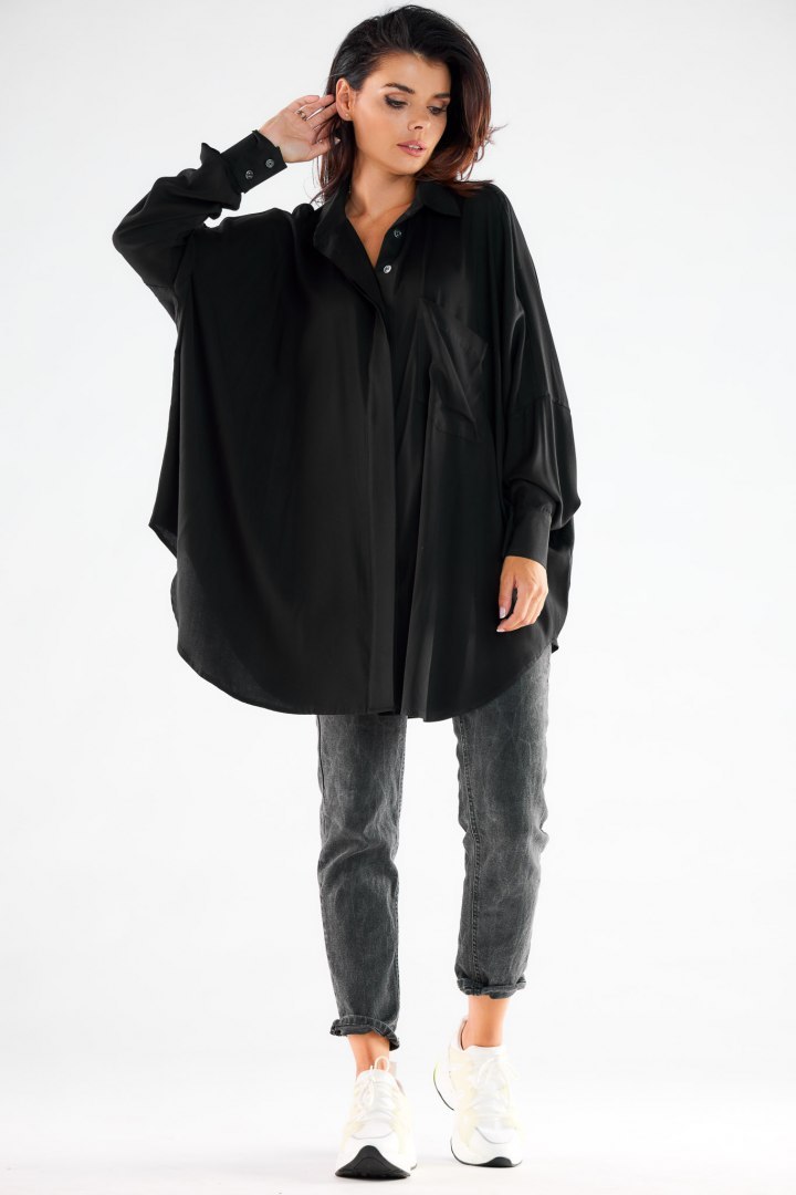 Koszula damska oversize z wiskozy lużna z długim rękawem czarna A528