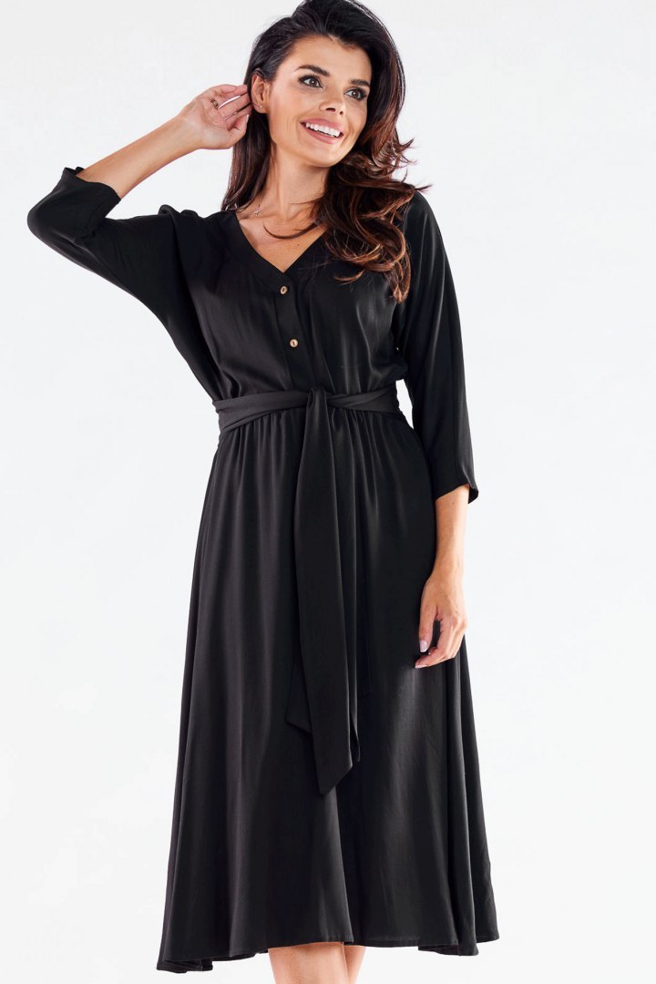 Sukienka midi trapezowa z wiskozy wiązana dekolt V czarna A522
