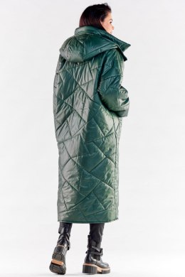 Płaszcz damski długi pikowany z kapturem zapinany na napy zielony A541
