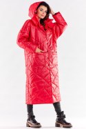 Płaszcz damski długi pikowany z kapturem zapinany na napy czerwony A541