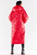 Płaszcz damski długi pikowany z kapturem zapinany na napy czerwony A541