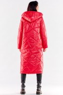 Długi płaszcz damski pikowany z kapturem zapinany na napy czerwony A542
