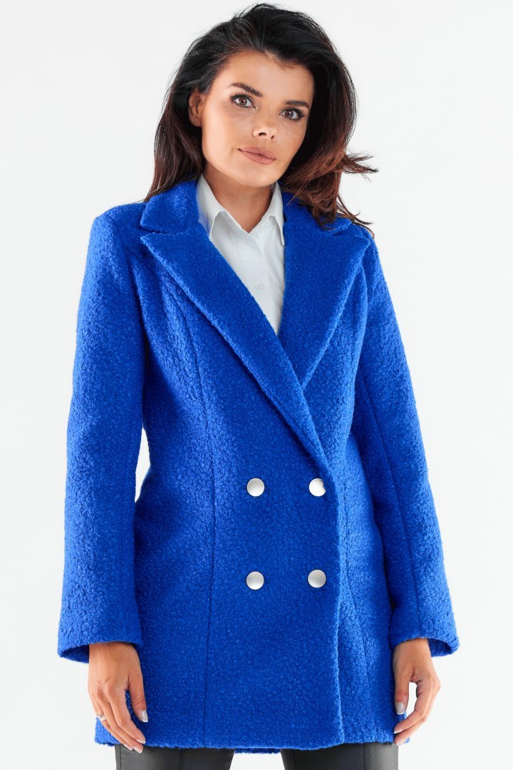 Płaszcz damski krótki baranek elegancki dwurzędowy niebieski A546
