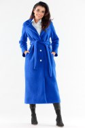 Płaszcz damski baranek długi prosty zapinany i wiązany niebieski A547