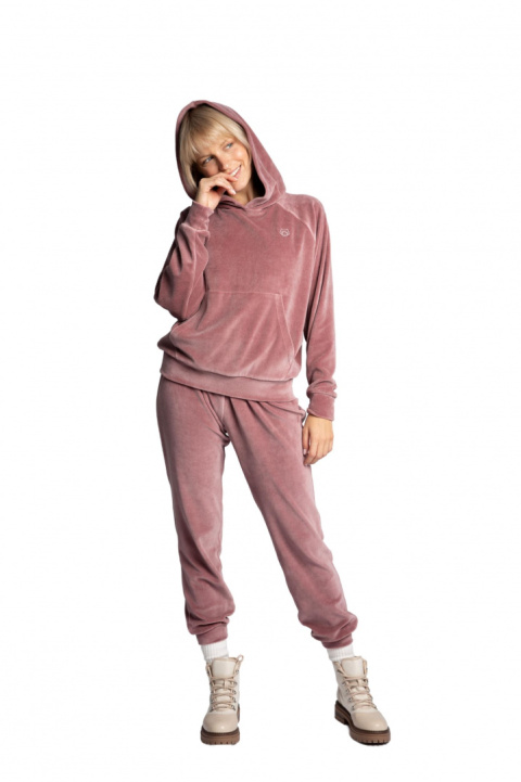 Bluza damska welurowa z kapturem i kieszenią kangurek brudny róż LA013 Bluza damska welurowa z kapturem i kieszenią kangurek brudny róż LA013