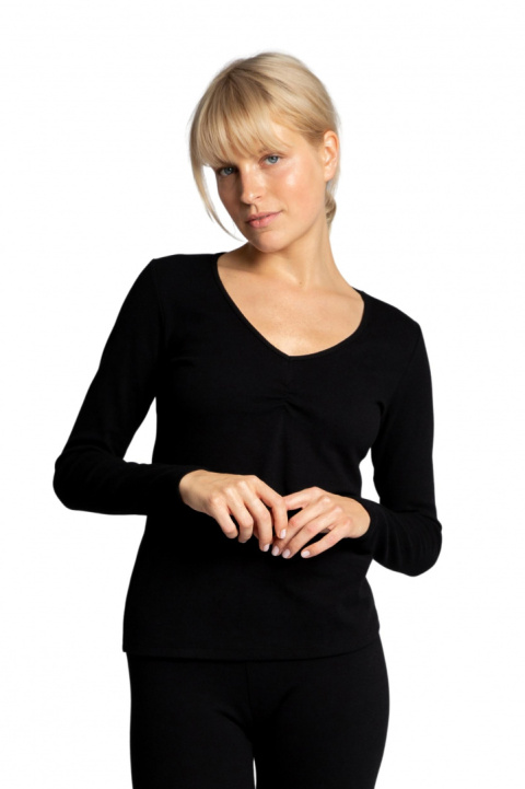 Bluzka damska bawełniana z długim rękawem i dekoltem V czarna LA034