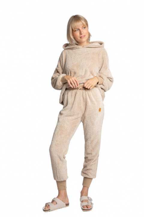 Spodnie damskie pluszowe joggery ze ściągaczami cappuccino LA004 Spodnie damskie pluszowe joggery ze ściągaczami cappuccino LA004
