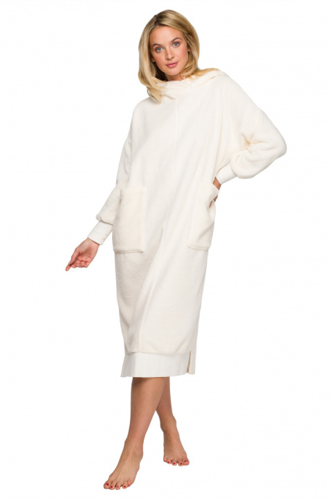 Sukienka midi pluszowa oversize z kapturem długi rękaw ecru LA127 Sukienka midi pluszowa oversize z kapturem długi rękaw ecru LA127