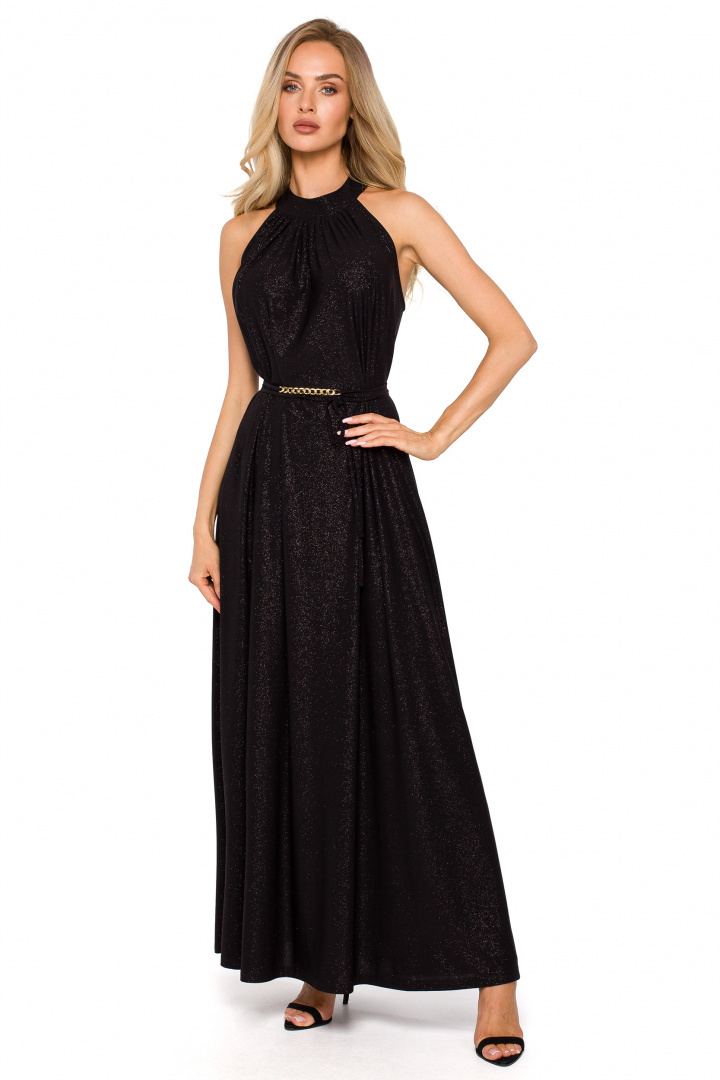 Sukienka maxi z brokatem dekoltem halter bez rękawów czarna me721 Sukienka maxi z brokatem dekoltem halter bez rękawów czarna me721