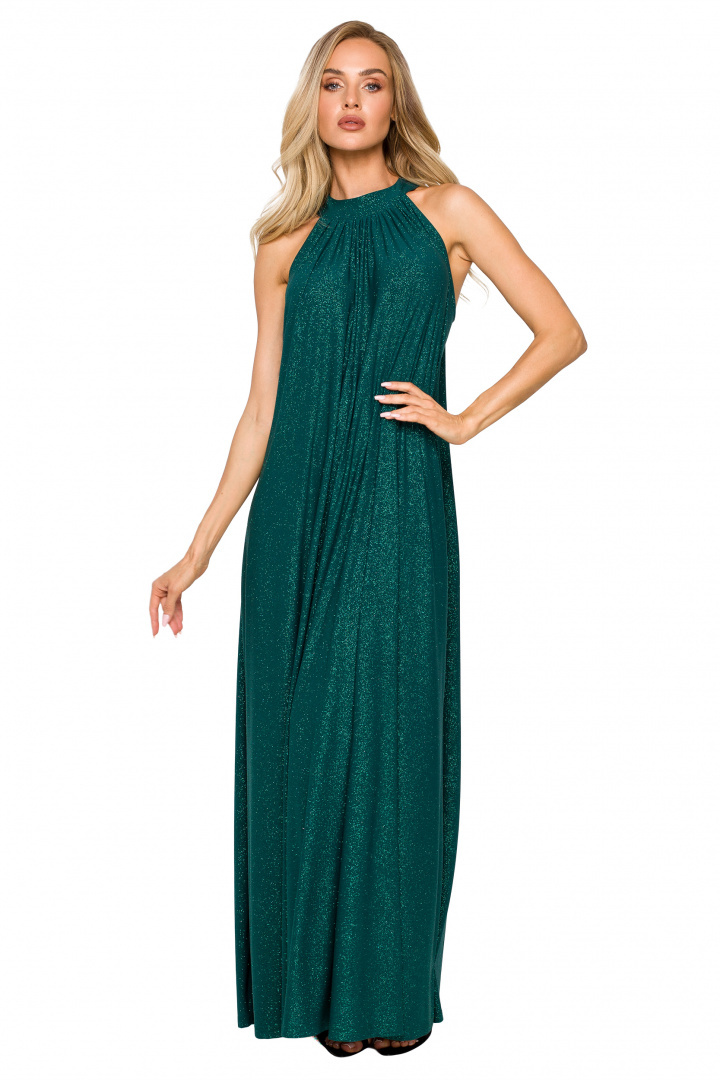 Sukienka maxi z brokatem dekoltem halter bez rękawów szmaragdowa me721 Sukienka maxi z brokatem dekoltem halter bez rękawów szmaragdowa me721