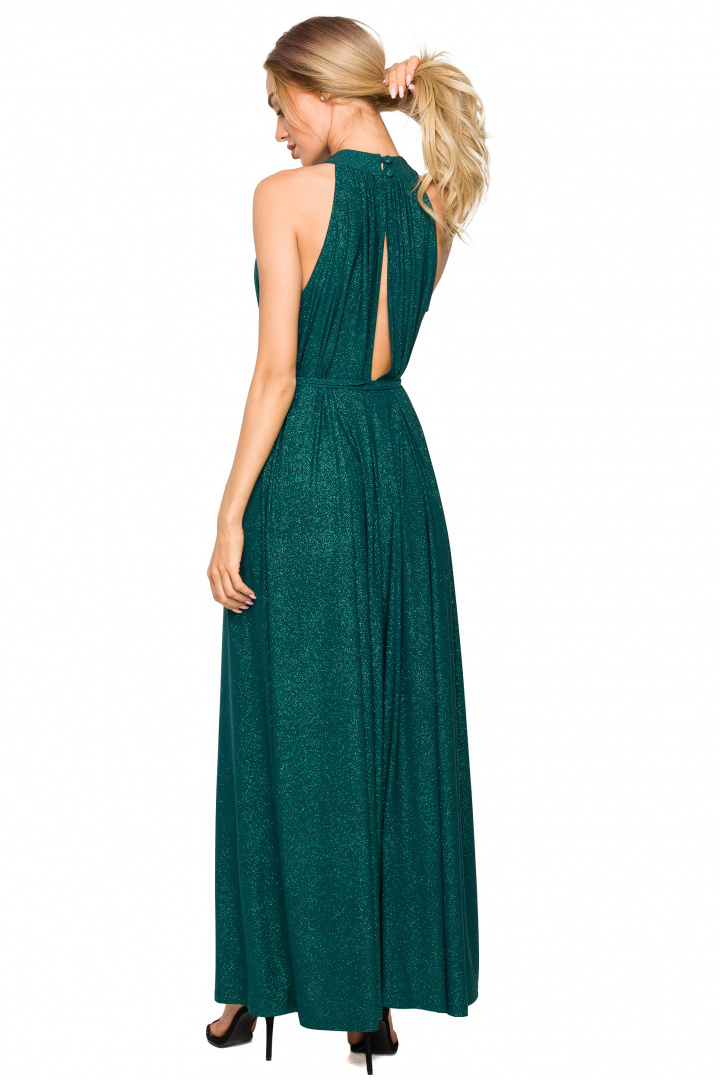 Sukienka maxi z brokatem dekoltem halter bez rękawów szmaragdowa me721 Sukienka maxi z brokatem dekoltem halter bez rękawów szmaragdowa me721