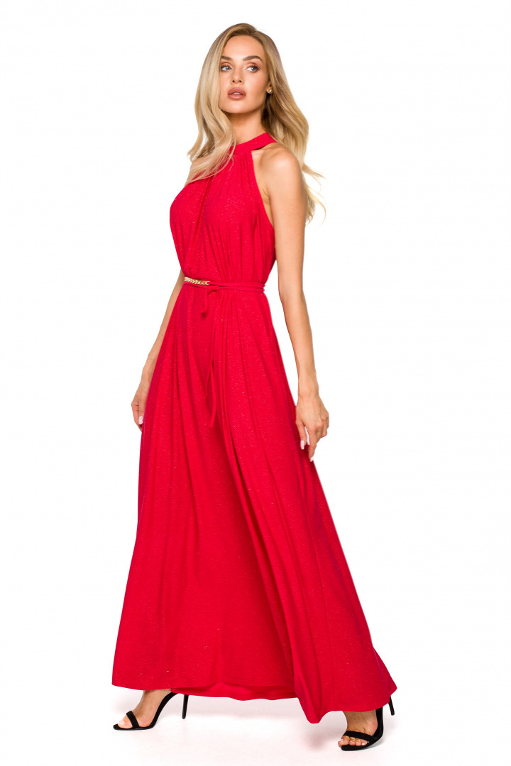 Sukienka maxi z brokatem dekoltem halter bez rękawów czerwona me721 Sukienka maxi z brokatem dekoltem halter bez rękawów czerwona me721