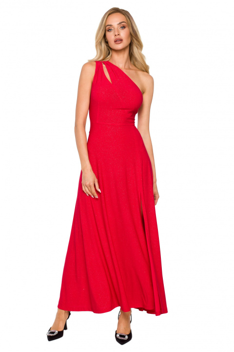 Sukienka maxi brokatowa na jedno ramię rozcięcie na nogę czerwona me718