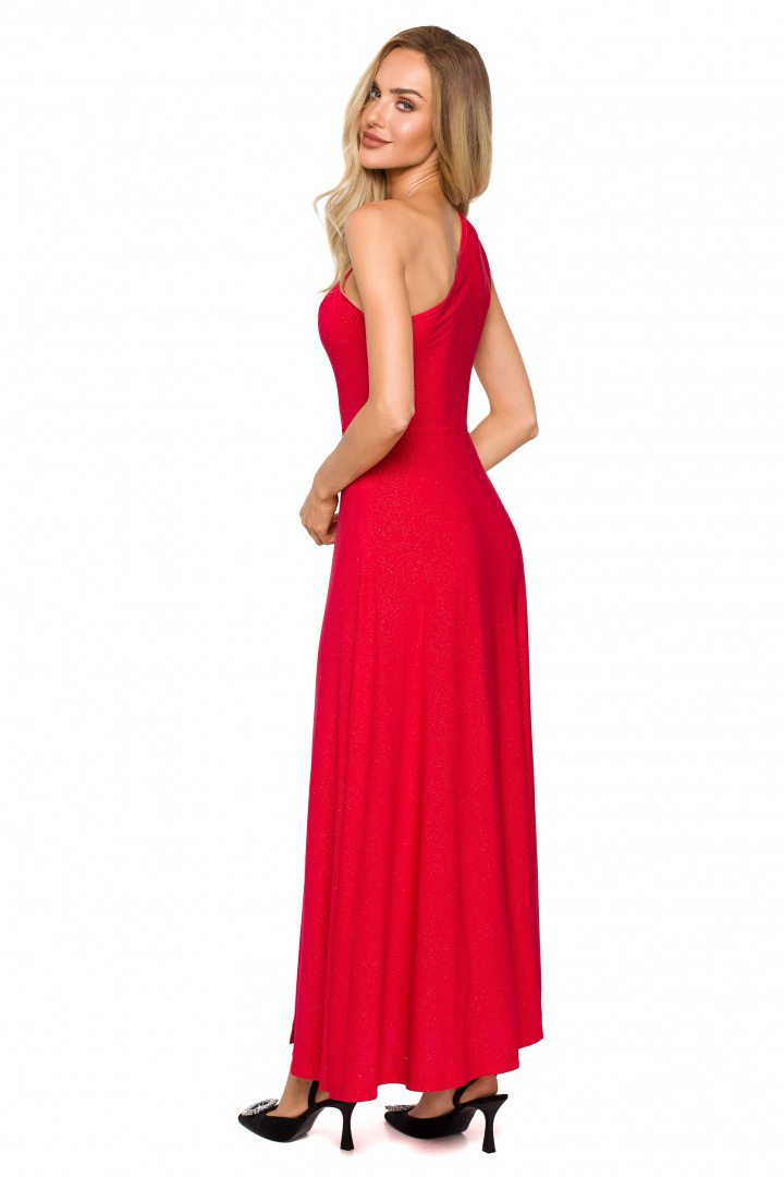 Sukienka maxi z brokatem na jedno ramię rozcięcie na nogę czerwona me718