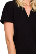 Bluzka damska prążkowana z dekoltem V krótki rękaw czarna LA118