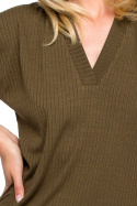 Bluzka damska prążkowana z dekoltem V krótki rękaw khaki LA118