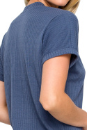 Bluzka damska prążkowana z dekoltem V krótki rękaw niebieska LA118
