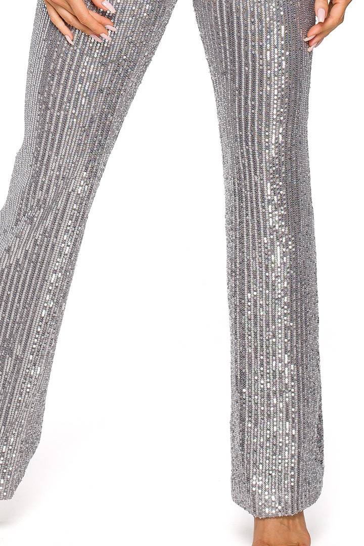 Spodnie damskie cekinowe szerokie nogawki wysoki stan srebrne me725