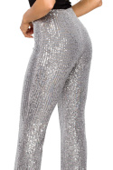 Spodnie damskie cekinowe szerokie nogawki wysoki stan srebrne me725