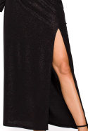Sukienka maxi brokatowa długi rękaw rozcięcie na nogę czarna me719