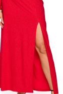 Sukienka maxi z brokatem długi rękaw rozcięcie na nogę czerwona me719