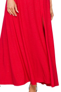 Sukienka maxi z brokatem na jedno ramię rozcięcie na nogę czerwona me718