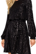 Sukienka midi cekinowa rozkloszowana z paskiem fason A czarna me715