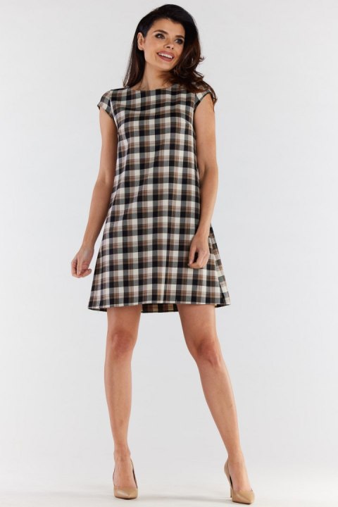 Sukienka trapezowa mini elegancka w kratę krótki rękaw brąz beż A490 Sukienka trapezowa mini elegancka w kratę krótki rękaw brąz beż A490