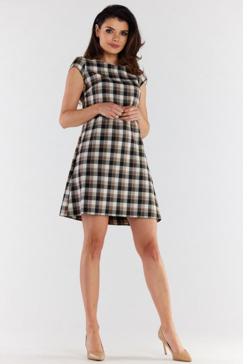 Sukienka trapezowa mini elegancka w kratę krótki rękaw brąz beż A490 Sukienka trapezowa mini elegancka w kratę krótki rękaw brąz beż A490