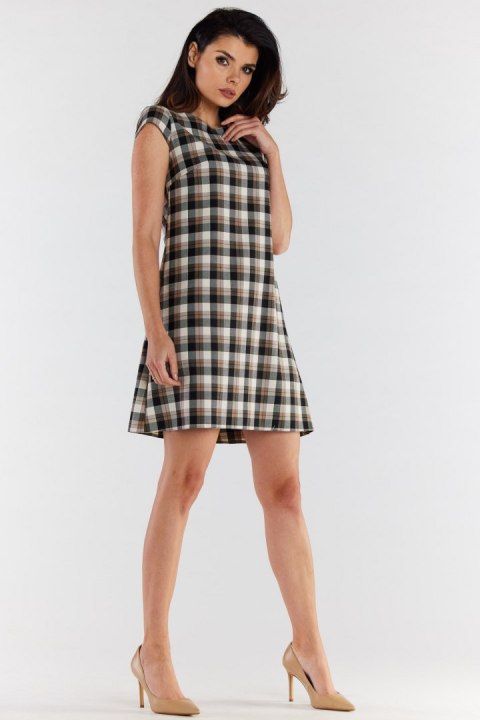 Sukienka trapezowa mini elegancka w kratę krótki rękaw brąz beż A490 Sukienka trapezowa mini elegancka w kratę krótki rękaw brąz beż A490