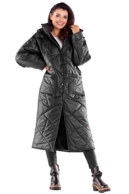 Płaszcz damski długi pikowany z kapturem zapinany na napy czarny A541