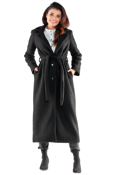 Płaszcz damski baranek długi prosty zapinany i wiązany czarny A547