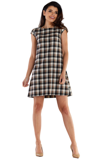 Sukienka trapezowa mini elegancka w kratę krótki rękaw brąz beż A490 Sukienka trapezowa mini elegancka w kratę krótki rękaw brąz beż A490