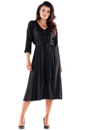 Sukienka midi trapezowa z wiskozy wiązana dekolt V czarna A522
