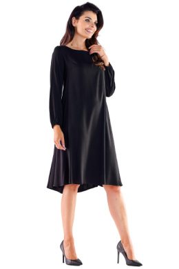 Sukienka trapezowa midi z wiskozy z długim rękawem czarna A524