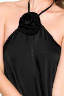 Sukienka rozkloszowana trapezowa odkryte ramiona satynowa czarna K154