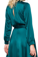 Sukienka satynowa mini rozkloszowana z długim rękawem zielona K157