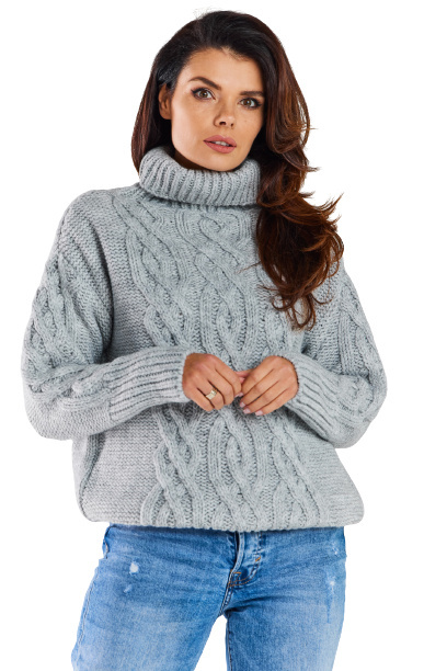 Sweter damski z golfem zimowy ciepły wzór warkocz szary A479 Sweter damski z golfem zimowy ciepły wzór warkocz szary A479