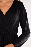 Sukienka midi brokatowa kopertowa długi rękaw dekolt V czarna A548