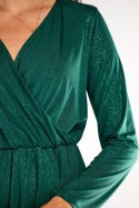 Sukienka midi brokatowa kopertowa długi rękaw dekolt V zielona A548