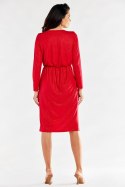 Sukienka midi brokatowa kopertowa długi rękaw dekolt V czerwona A548