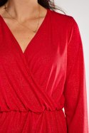 Sukienka midi brokatowa kopertowa długi rękaw dekolt V czerwona A548