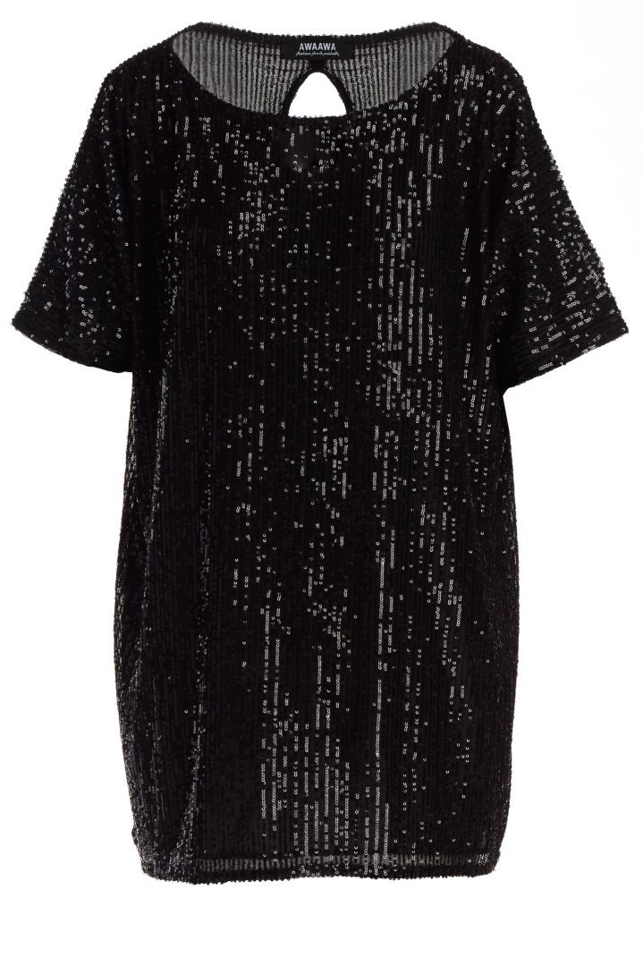 Sukienka cekinowa mini luźna z krótkim rękawem czarna A483